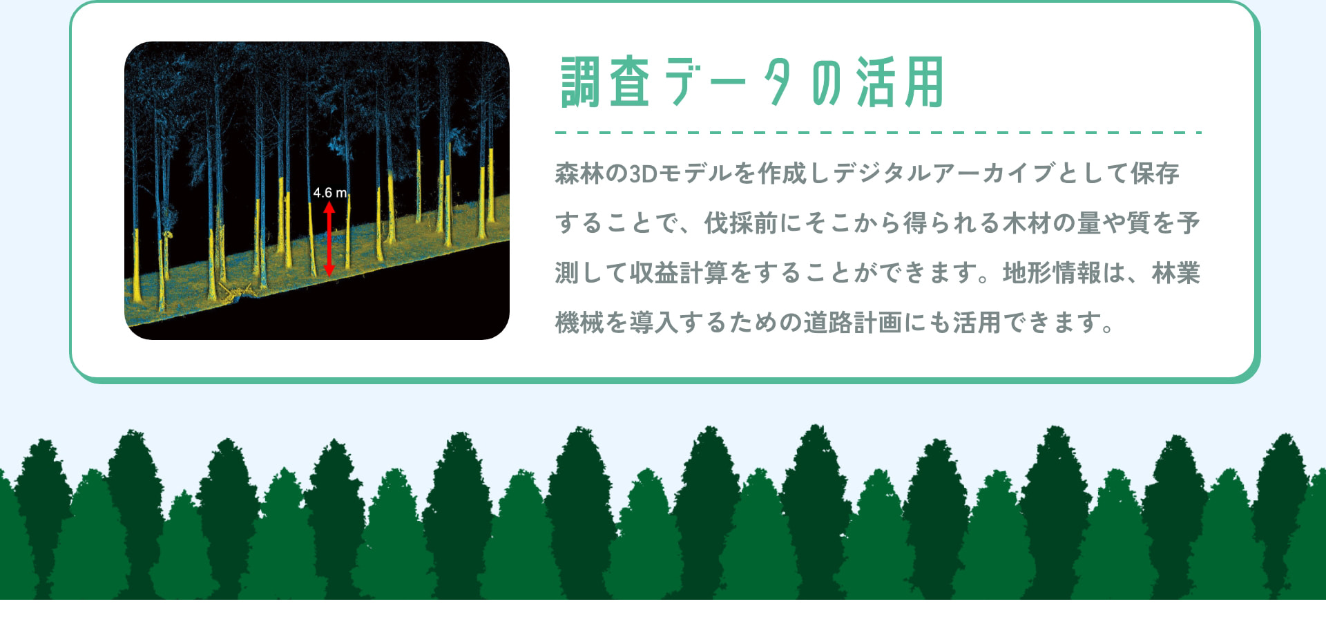 調査データの活用 森林の3Dモデルを作成しデジタルアーカイブとして保存することで、伐採前にそこから得られる木材の量や質を予測して収益計算をすることができます。地形情報は、林業機械を導入するための道路計画にも活用できます。