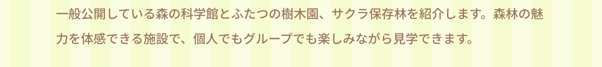 一般公開している森の科学館とふたつの樹木園、サクラ保存林を紹介します。森林の魅力を体感できる施設で、個人でもグループでも楽しみながら見学できます。
