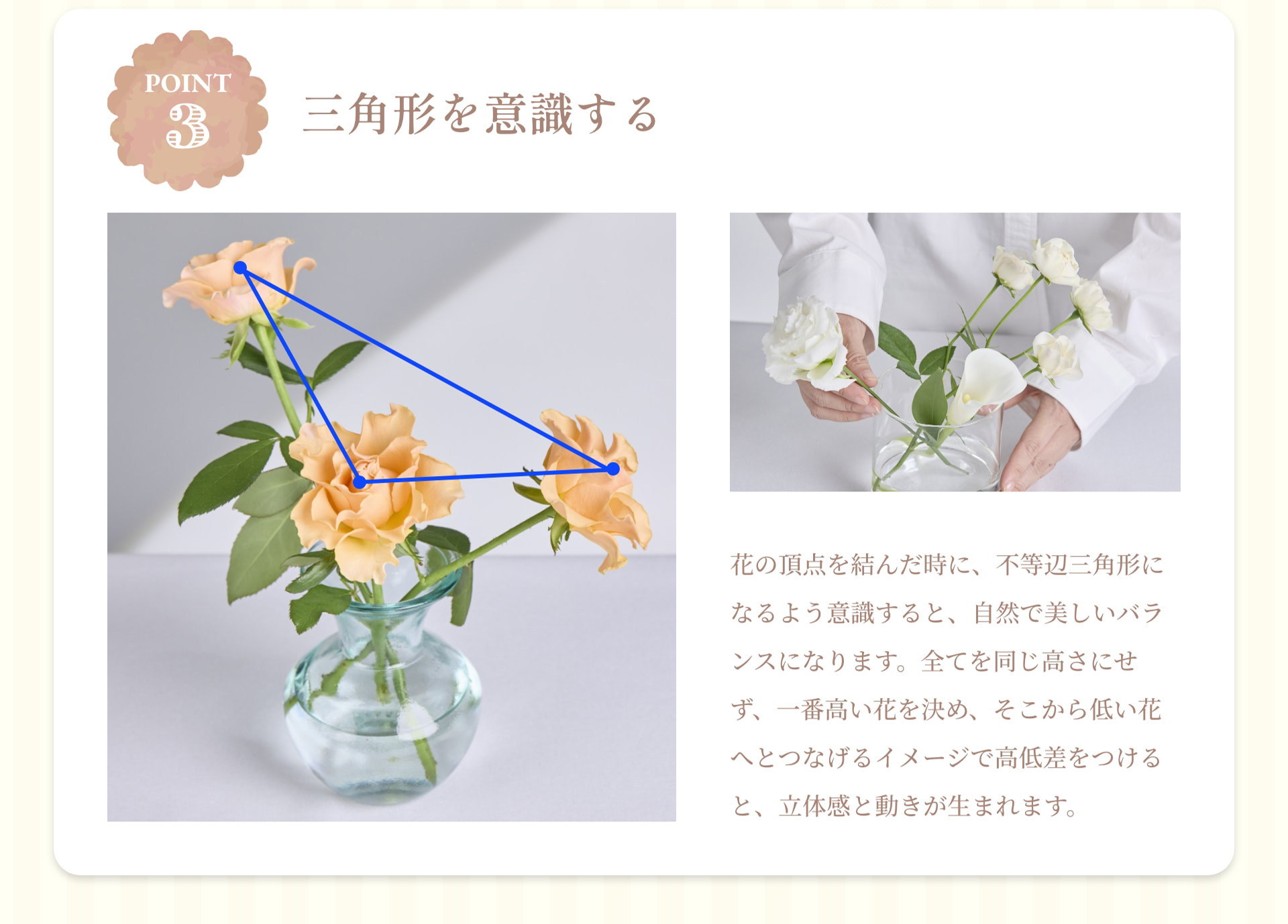 POINT 3 三角形を意識する 花の頂点を結んだ時に、不等辺三角形になるよう意識すると、自然で美しいバランスになります。全てを同じ高さにせず、一番高い花を決め、そこから低い花へとつなげるイメージで高低差をつけると、立体感と動きが生まれます。