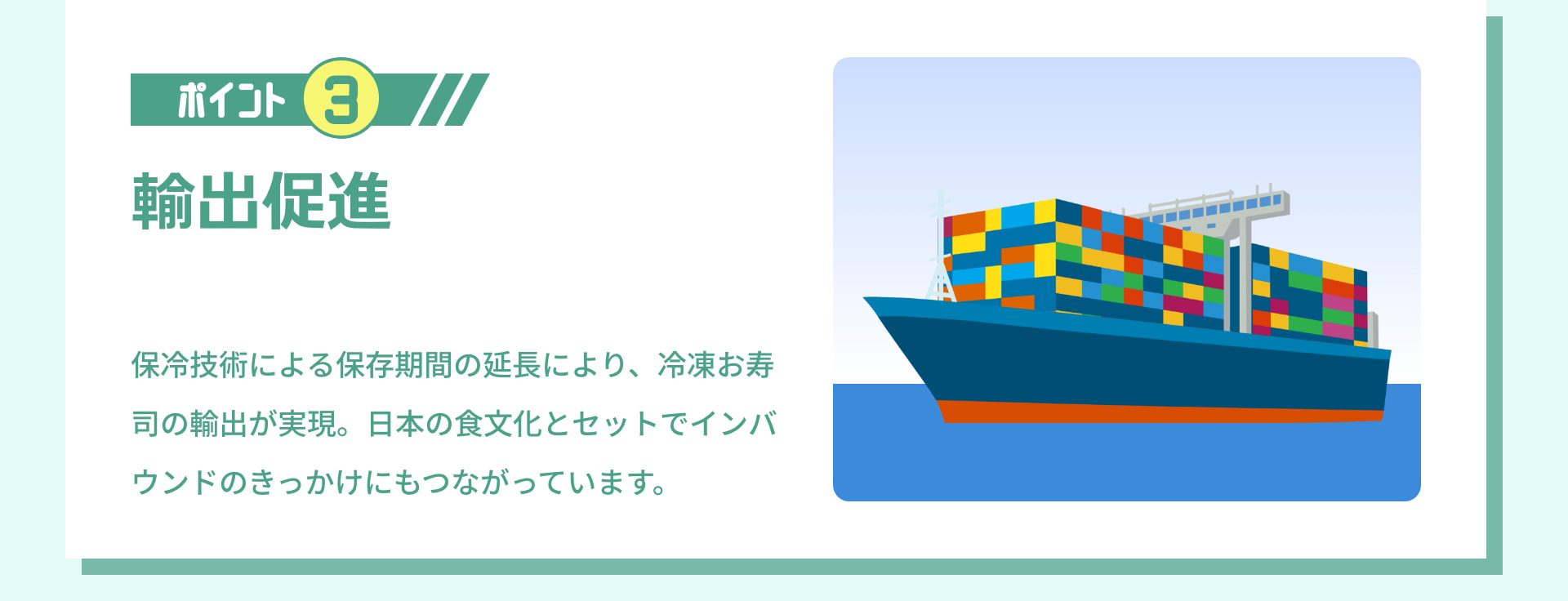 ポイント 3 輸出促進 保冷技術による保存期間の延長により、冷凍お寿司の輸出が実現。日本の食文化とセットでインバウンドのきっかけにもつながっています。