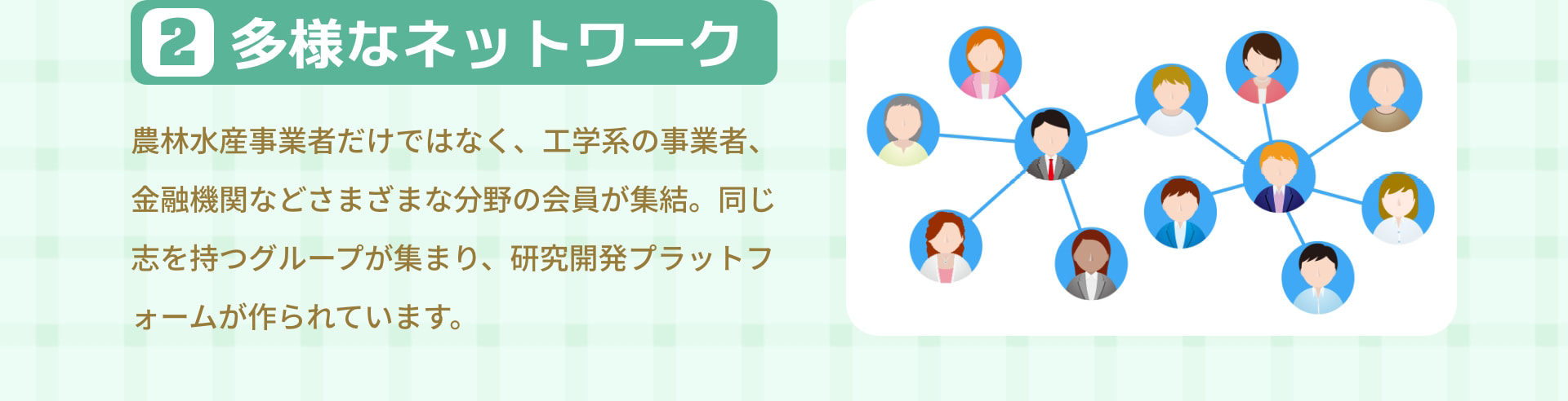 2 多様なネットワーク 農林水産事業者だけではなく、工学系の事業者、金融機関などさまざまな分野の会員が集結。同じ志を持つグループが集まり、研究開発プラットフォームが作られています。