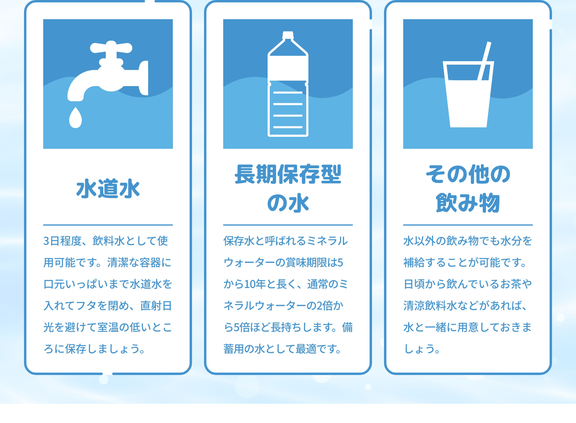 水道水 3日程度、飲料水として使用可能です。清潔な容器に口元いっぱいまで水道水をいれてフタを閉め、直射日光を避けて室温の低いところに保存しましょう。 長期保存型の水 保存水と呼ばれるミネラルウォーターの賞味期限は5から10年と長く、通常のミネラルウォーターの2倍から5倍ほど長持ちします。備蓄用の水として最適です。 その他の飲み物 水以外の飲み物でも水分を補給することが可能です。日頃から飲んでいるお茶や清涼飲料水などがあれば、水と一緒に用意しておきましょう。