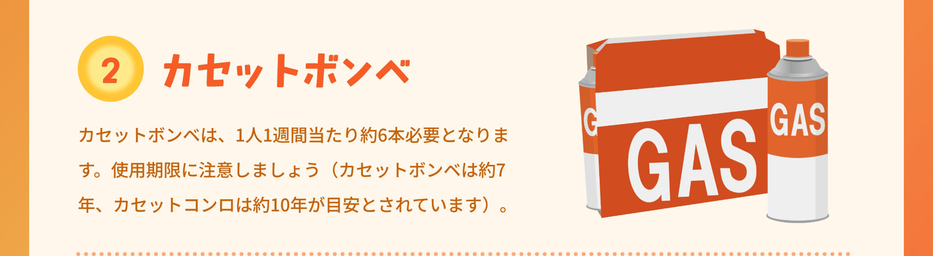 2 カセットボンベ カセットボンベは、1人1週間当たり約6本必要となります。使用期限に注意しましょう（カセットボンベは約7年、カセットコンロは約10年が目安とされています）。