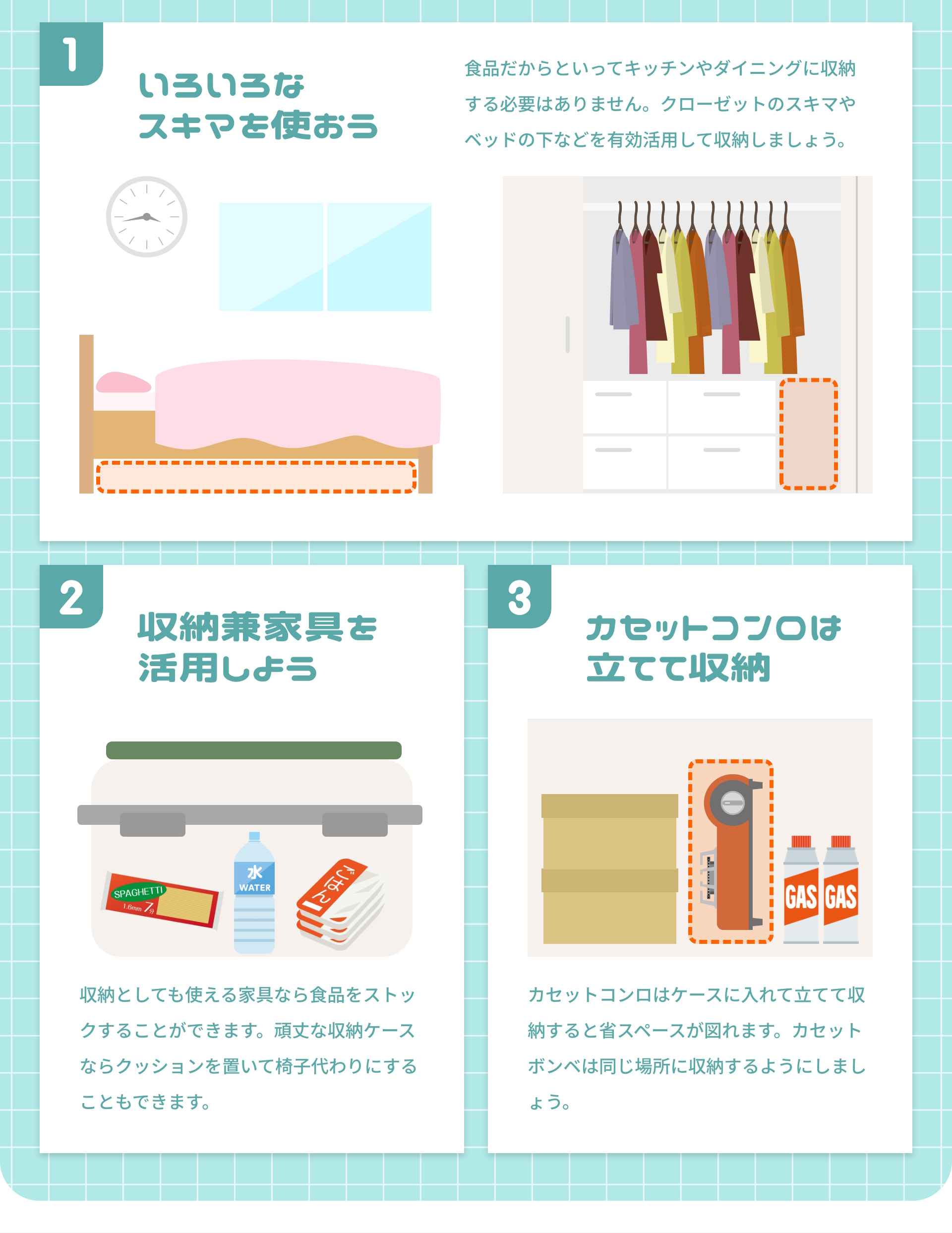 1 いろいろなスキマを使おう 食品だからといってキッチンやダイニングに収納する必要はありません。クローゼットのスキマやベッドの下などを有効活用して収納しましょう。 2 収納兼家具を活用しよう 収納としても使える家具なら食品をストックすることができます。頑丈な収納ケースならクッションを置いて椅子代わりにすることもできます。 3 カセットコンロは立てて収納 カセットコンロはケースに入れて立てて収納すると省スペースが図れます。カセットボンベは同じ場所に収納するようにしましょう。
