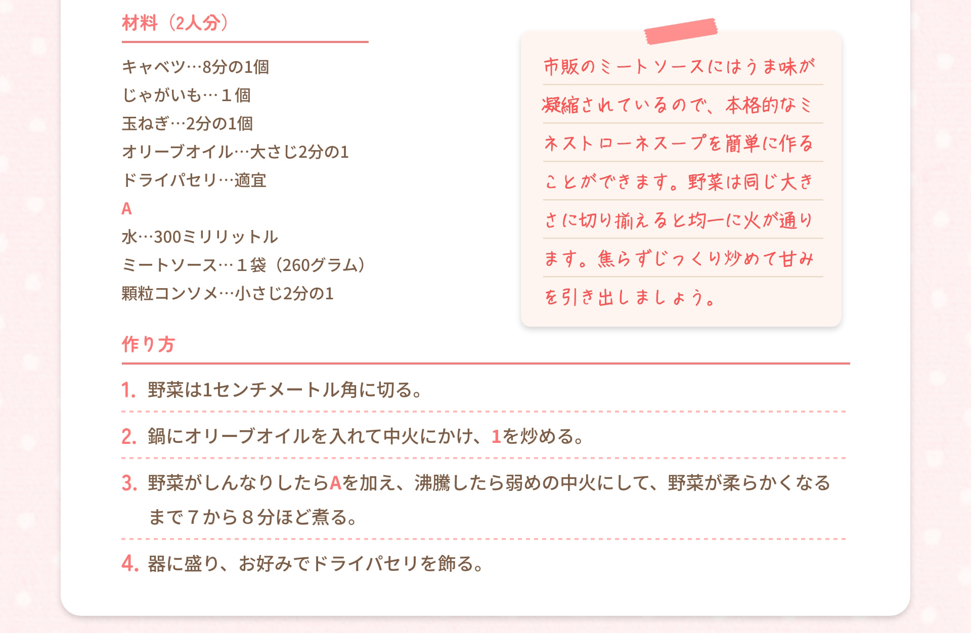 材料（2人分） キャベツ&hellip;8分の1個 じゃがいも&hellip;1個 玉ねぎ&hellip;2分の1個 オリーブオイル&hellip;大さじ2分の1 ドライパセリ&hellip;適宜 A 水&hellip;300ミリリットル ミートソース&hellip;1袋（260グラム） 顆粒コンソメ&hellip;小さじ2分の1 作り方 1. 野菜は1センチメートル角に切る。 2. 鍋にオリーブオイルを入れて中火にかけ、1を炒める。 3. 野菜がしんなりしたらAを加え、沸騰したら弱めの中火にして、野菜が柔らかくなるまで7から8分ほど煮る。 4. 器に盛り、お好みでドライパセリを飾る。 市販のミートソースにはうま味が凝縮されているので、本格的なミネストローネスープを簡単に作ることができます。野菜は同じ大きさに切り揃えると均一に火が通ります。焦らずじっくり炒めて甘みを引き出しましょう。