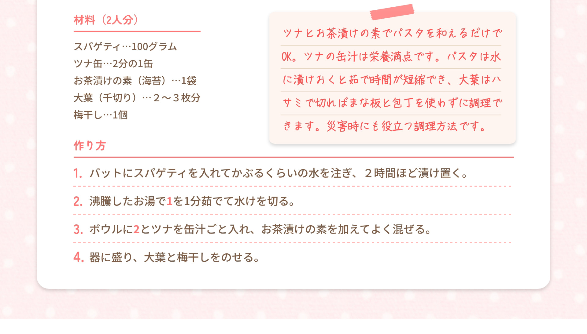 材料（2人分） スパゲティ&hellip;100グラム ツナ缶&hellip;2分の1缶 お茶漬けの素（海苔）&hellip;1袋 大葉（千切り）&hellip;2～3枚分 梅干し&hellip;1個 作り方 1. バットにスパゲティを入れてかぶるくらいの水を注ぎ、2時間ほど漬け置く。 2. 沸騰したお湯で1を1分茹でて水けを切る。 3. ボウルに2とツナを缶汁ごと入れ、お茶漬けの素を加えてよく混ぜる。 4. 器に盛り、大葉と梅干しをのせる。 ツナとお茶漬けの素でパスタを和えるだけでOK。ツナの缶汁は栄養満点です。パスタは水に漬けおくと茹で時間が短縮でき、大葉はハサミで切ればまな板と包丁を使わずに調理できます。災害時にも役立つ調理方法です。