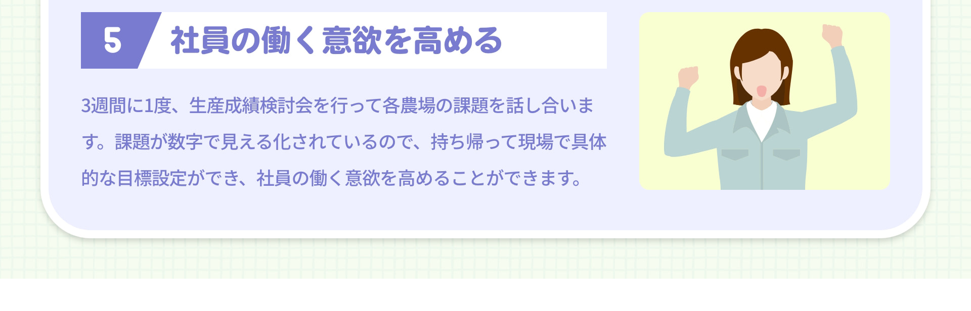 5 社員の働く意欲を高める 3週間に1度、生産成績検討会を行って各農場の課題を話し合います。課題が数字で見える化されているので、持ち帰って現場で具体的な目標設定ができ、社員の働く意欲を高めることができます。