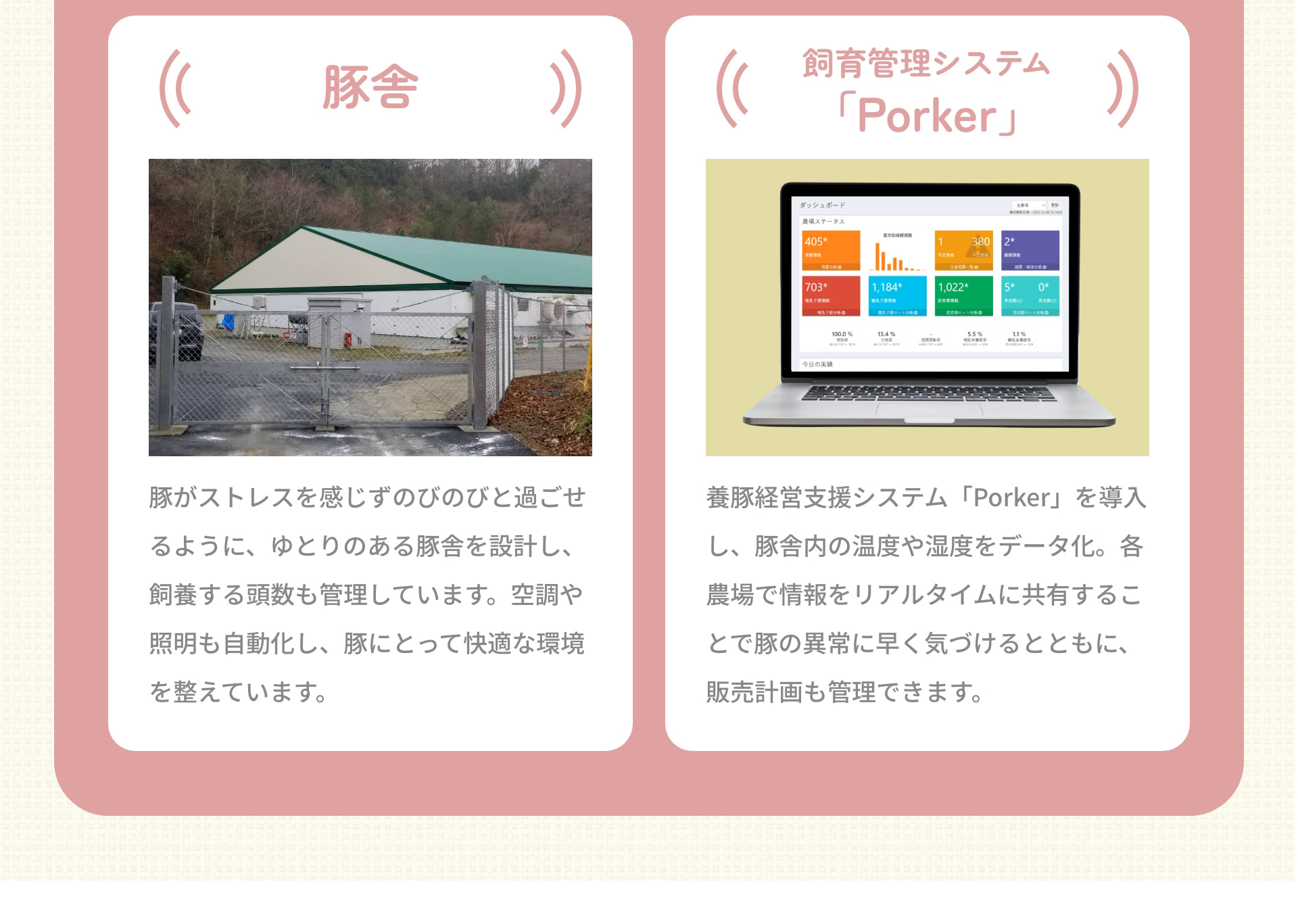 豚舎 豚がストレスを感じずのびのびと過ごせるように、ゆとりのある豚舎を設計し、飼養する頭数も管理しています。空調や照明も自動化し、豚にとって快適な環境を整えています。 飼育管理システム「Porker」 養豚経営支援システム「Porker」を導入し、豚舎内の温度や湿度をデータ化。各農場で情報をリアルタイムに共有することで豚の異常に早く気づけるとともに、販売計画も管理できます。