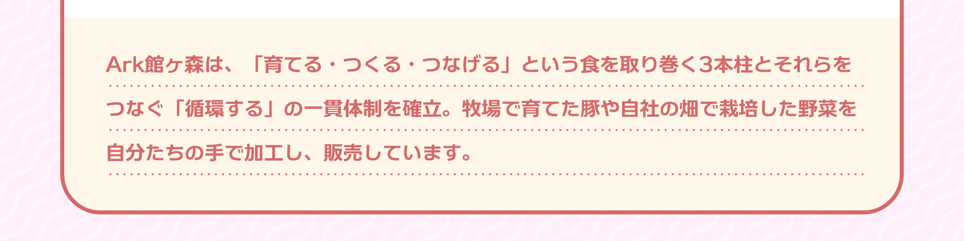 Ark館ヶ森は、「育てる・つくる・つなげる」という食を取り巻く3本柱とそれらをつなぐ「循環する」の一貫体制を確立。牧場で育てた豚や自社の畑で栽培した野菜を自分たちの手で加工し、販売しています。