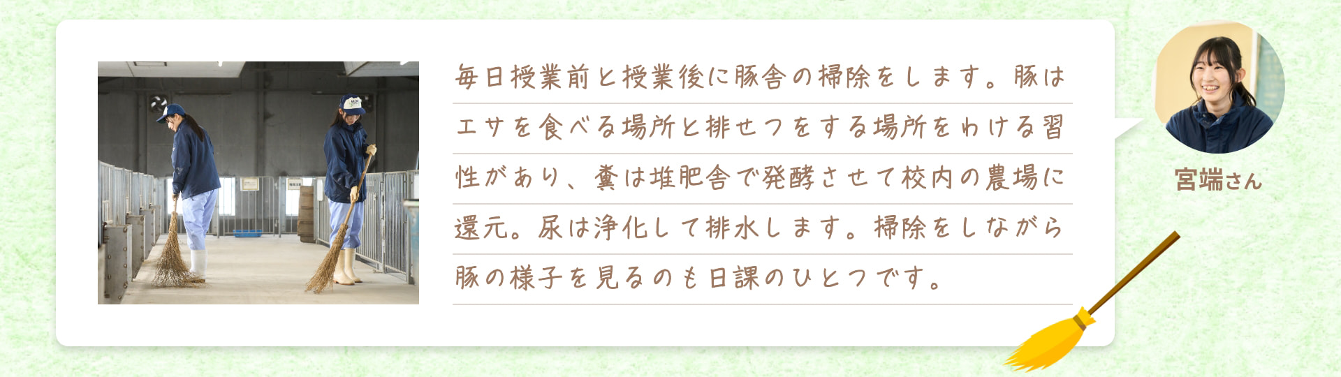 毎日授業前と授業後に豚舎の掃除をします。豚はエサを食べる場所と排せつをする場所をわける習性があり、糞は堆肥舎で発酵させて校内の農場に還元。尿は浄化して排水します。掃除をしながら豚の様子を見るのも日課のひとつです。 宮端さん