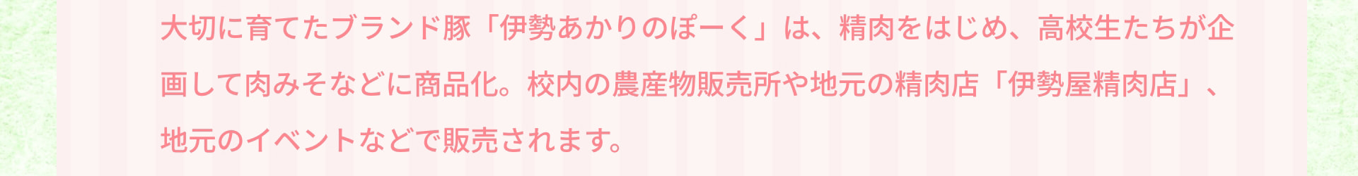 大切に育てたブランド豚「伊勢あかりのぽーく」は、精肉をはじめ、高校生たちが企画して肉みそなどに商品化。校内の農産物販売所や地元の精肉店「伊勢屋精肉店」、地元のイベントなどで販売されます。