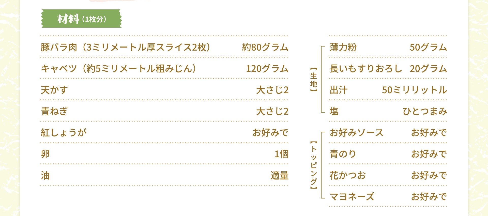 材料（1枚分） 豚バラ肉（3ミリメートル厚スライス2枚） 約80グラム キャベツ（約5ミリメートル粗みじん） 120グラム 天かす 大さじ2 青ねぎ 大さじ2 紅しょうが お好みで 卵 1個 油 適量 【生地】 薄力粉 50グラム 長いもすりおろし 20グラム 出汁 50ミリリットル 塩 ひとつまみ 【トッピング】 お好みソース お好みで 青のり お好みで 花かつお お好みで マヨネーズ お好みで