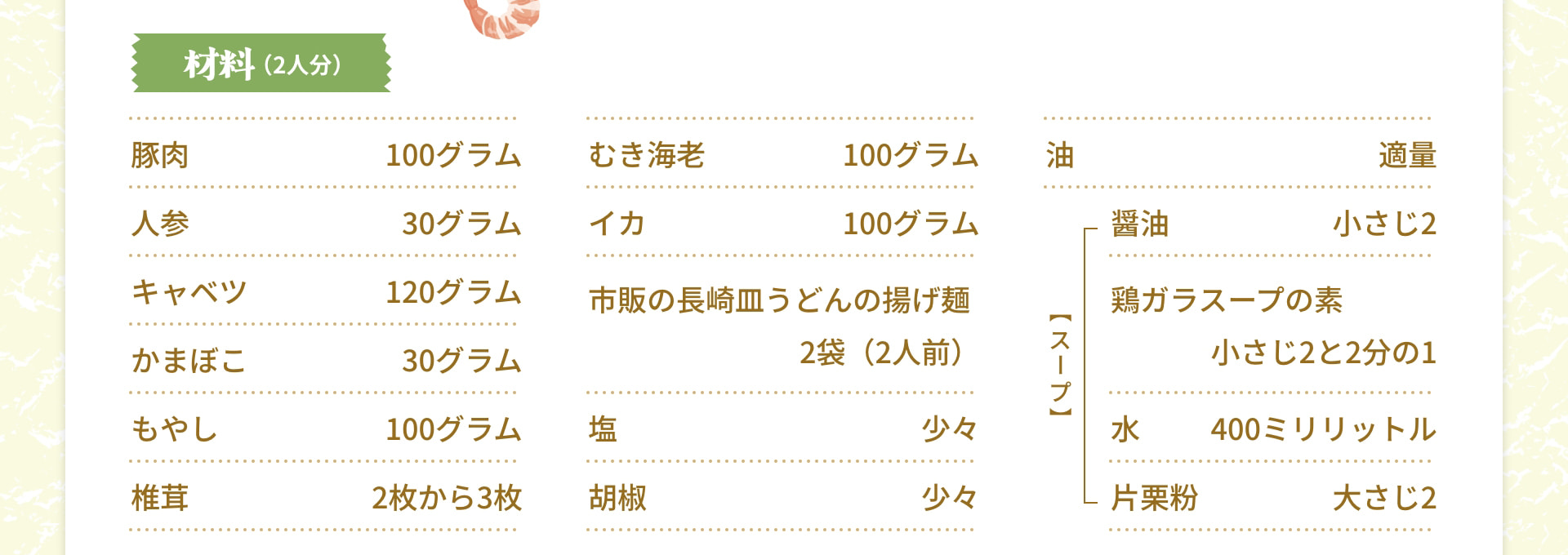 材料（2人分） 豚肉 100グラム 人参 30グラム キャベツ 120グラム かまぼこ 30グラム もやし 100グラム 椎茸 2枚から3枚 むき海老 100グラム イカ 100グラム 市販の長崎皿うどんの揚げ麺 2袋（2人前） 塩 少々 胡椒 少々 油 適量 【スープ】 醤油 小さじ2 鶏ガラスープの素 小さじ2と2分の1 水 400ミリリットル 片栗粉 大さじ2
