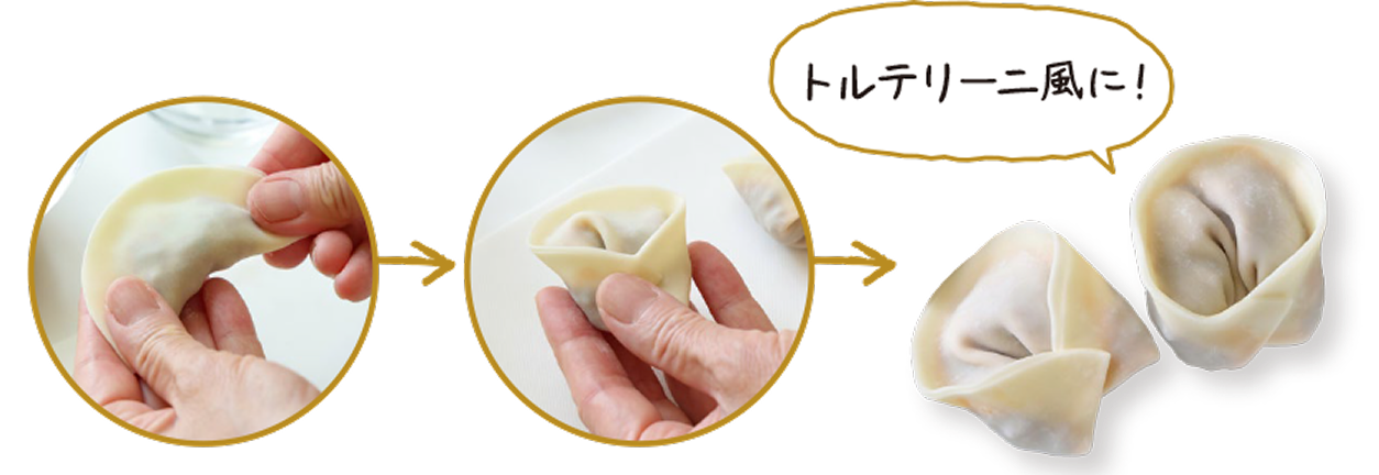 トルテリーニ風に餃子の皮を包む手順の写真