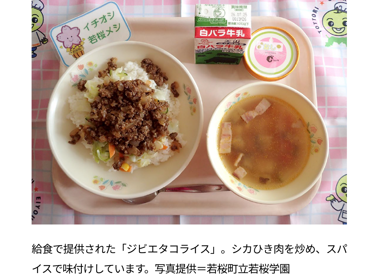 給食で提供された「ジビエタコライス」。シカひき肉を炒め、スパイスで味付けしています。写真提供＝若桜町立若桜学園