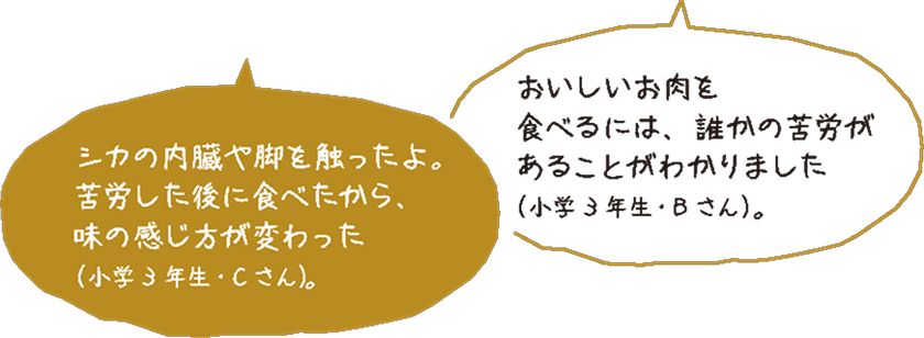 「シカの内臓や脚を触ったよ。苦労した後に食べたから、味の感じ方が変わった（小学3年生・Cさん）。」「おいしいお肉を食べるには、誰かの苦労があることがわかりました（小学3年生・Bさん）。」