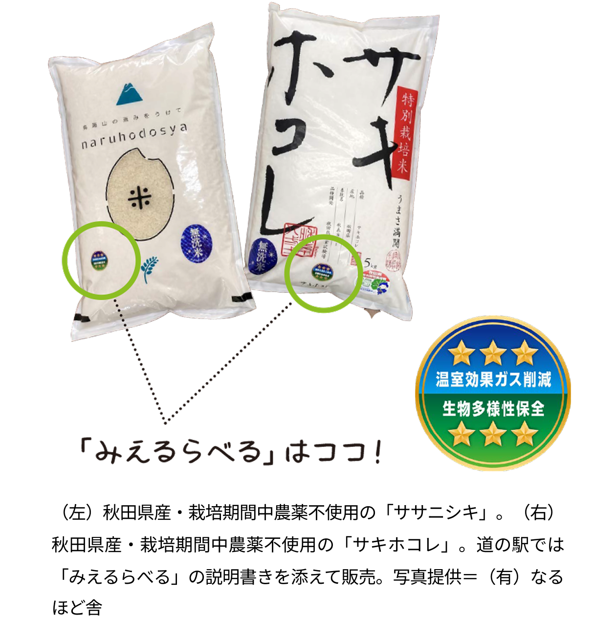 （左）秋田県産・栽培期間中農薬不使用の「ササニシキ」。（右）秋田県産・栽培期間中農薬不使用の「サキホコレ」。道の駅では「みえるらべる」の説明書きを添えて販売。写真提供=（有）なるほど舎