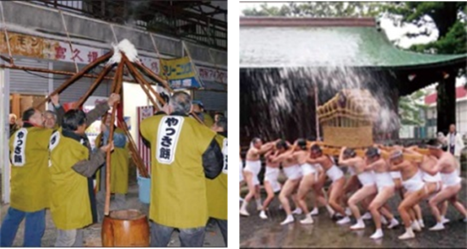 三島市の特徴的な地域信仰（左）ヤッサモチ（右）天王祭