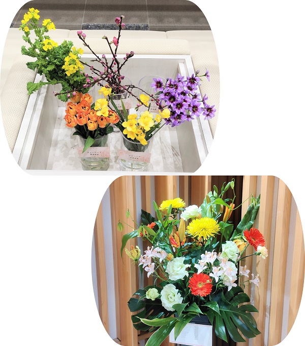 茨城県産モモなど5種類の切り花とフラワーアレンジメント