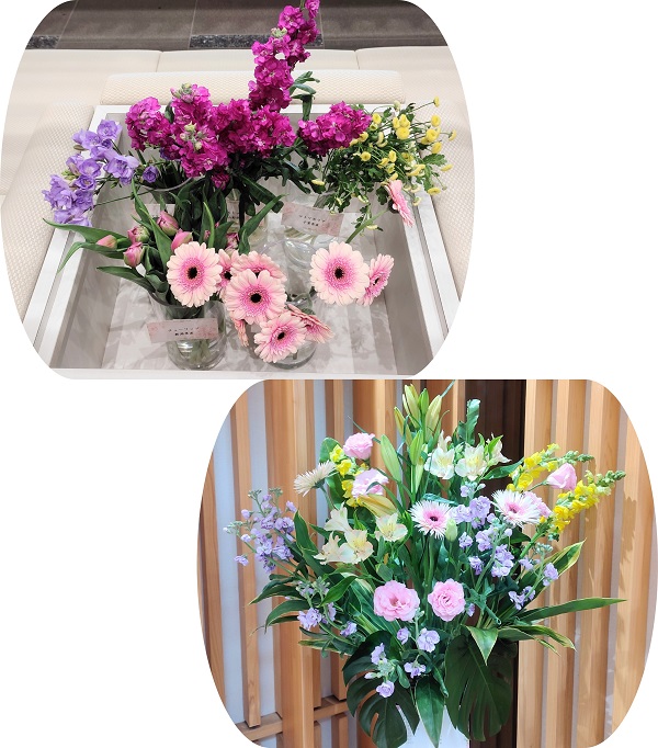 茨城県産モモなど5種類の切り花とフラワーアレンジメント