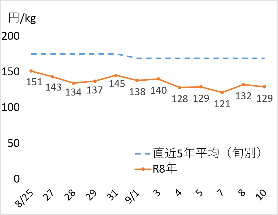 8月25日~9月10日の農産物価格推移(円/kg)の折れ線グラフ。R8年の実績値は121~151円で推移し、直近5年平均(約170円)を一貫して大幅に下回っている。