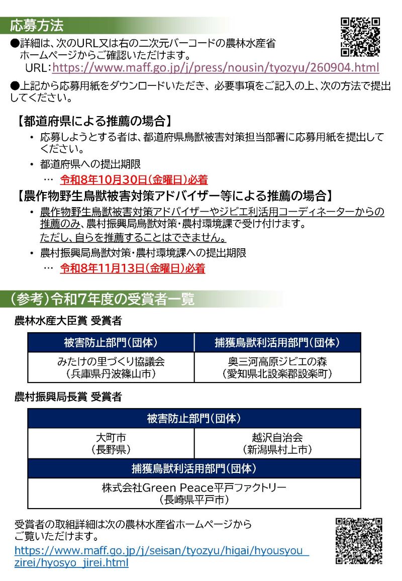 応募方法について記載をしています。都道府県による推薦の場合は、10月30日（金曜日）までに都道府県鳥獣被害対策担当部署に応募用紙を提出してください。アドバイザー等による推薦の場合は、11月13日（金曜日）までに農村振興局鳥獣対策・農村環境課へ提出してください。また、昨年度の受賞者は農林水産大臣賞2件、農村振興局長賞3件となっております。