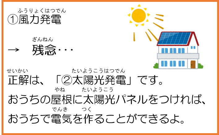 1風力発電。残念。正解は、「2太陽光発電」です。おうちの屋根に太陽光パネルをつければ、おうちで電気を作ることができるよ