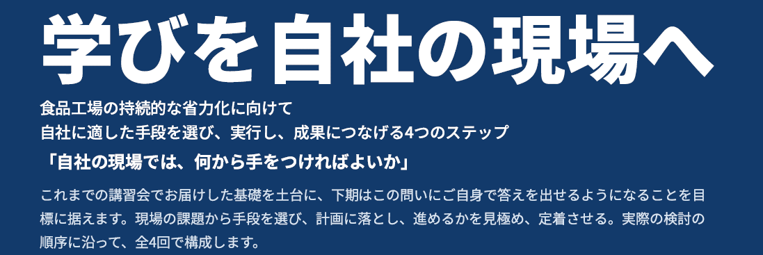 「学びを自社の現場へ」と題した画像。食品工場の持続的な省力化に向けて、自社に適した手段を選び、実行し、成果につなげる4つのステップを紹介している。「自社の現場では、何から手をつければよいか」という問いに自ら答えを出せるよう、現場の課題を具体化し、進め方を見極め、計画に落とし込み、実際の検討に着手するまでの全4回で構成されている。