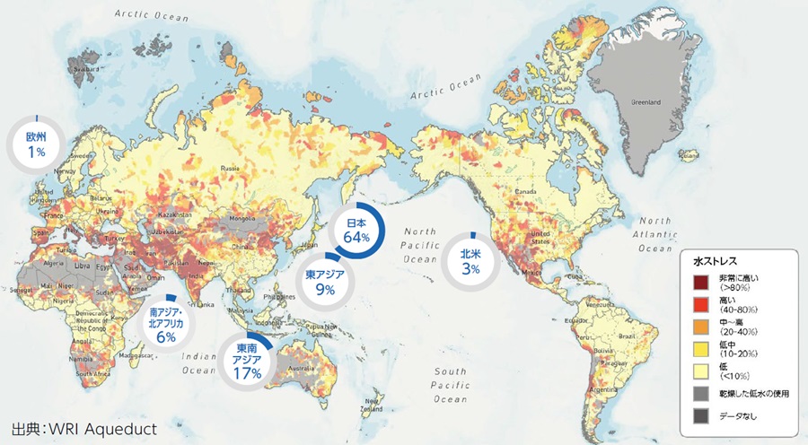 Aqueduct 水ストレスマップと大塚グループのエリア別水使用量割合