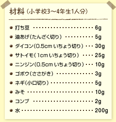 材料(小学校3~4年生1人分):塩打ち豆……6グラム 油あげ(たんざく切り)……5グラム ダイコン(0.5cmいちょう切り)……30グラム サトイモ(1cmいちょう切り)……25グラム ニンジン(0.5cmいちょう切り)……10グラム ゴボウ(ささがき)……3グラム ネギ(小口切り)……5グラム みそ……10グラム コンブ……2グラム 水……200グラム