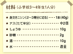 材料(小学校3~4年生1人分):塩身欠きニシン(2~3等分に切る)……1本(40グラム) ナス(たて半分)……中2個 しょうゆ……10グラム 砂糖……2グラム 酒……10グラム 水……適量
