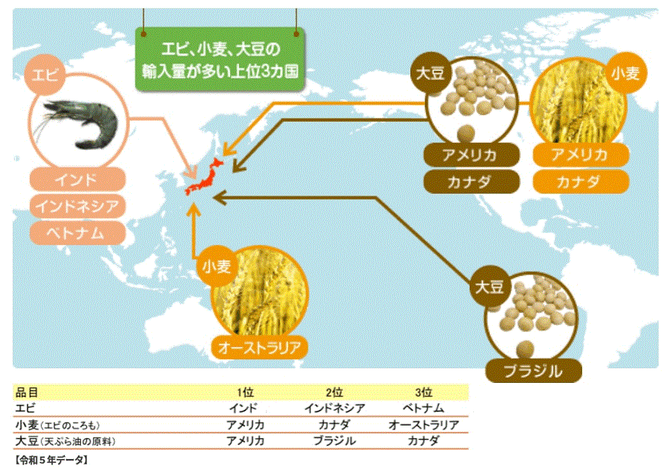 エビ、小麦、大豆の輸入量が多い上位３か国