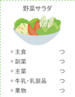 野菜サラダ：●主食 つ ●副菜 つ ●主菜 つ ●牛乳・乳製品 つ ●果物 つ