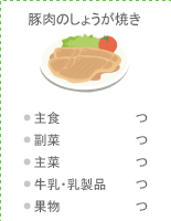 豚肉のしょうが焼き：●主食 つ ●副菜 つ ●主菜 つ ●牛乳・乳製品 つ ●果物 
