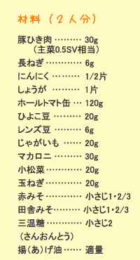 材料（2人分）：豚挽き肉&hellip;30g（主菜0.5SV相当）　長ねぎ&hellip;6g　にんにく&hellip;1/2片　しょうが&hellip;1片　ホールトマト缶&hellip;120g　ひよこ豆&hellip;20g　レンズ豆&hellip;6g　じゃがいも&hellip;20g　マカロニ&hellip;30g　小松菜&hellip;20g　玉ねぎ&hellip;20g　赤味噌&hellip;小さじ1・2/3　田舎味噌&hellip;小さじ1・2/3　三温糖&hellip;小さじ2　揚げ油&hellip;適量