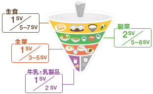 主食：1SV／5～7SV 主菜：1SV／3～5SV 副菜：2SV／5～6SV 牛乳・乳製品：1SV／1～2SV