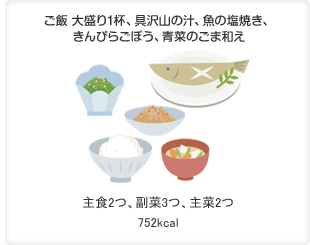 ご飯 大盛り1杯、具沢山の汁、魚の塩焼き、きんぴらごぼう、青菜のごま和え　主食2つ、副菜3つ、主菜2つ　752kcal