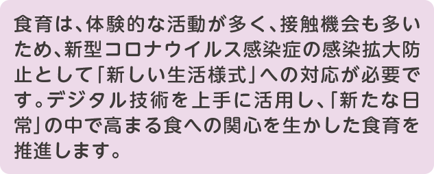 スマートフォン用テキスト　食育は、体験的な活動が多く、接触機会も多いため、新型コロナウイルス感染症の感染拡大防止として「新しい生活様式」への対応が必要です。デジタル技術を上手に活用し、「新たな日常」の中で高まる食への関心を生かした食育を推進します。