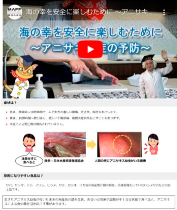 海の幸を安全に楽しむために～アニサキス症の予防～（左側：みっけ、右側：食品安全博士）