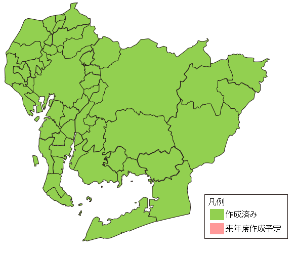 愛知県の市町村単位での作成状況を示す地図 すべての市町村で作成済みとなっている。