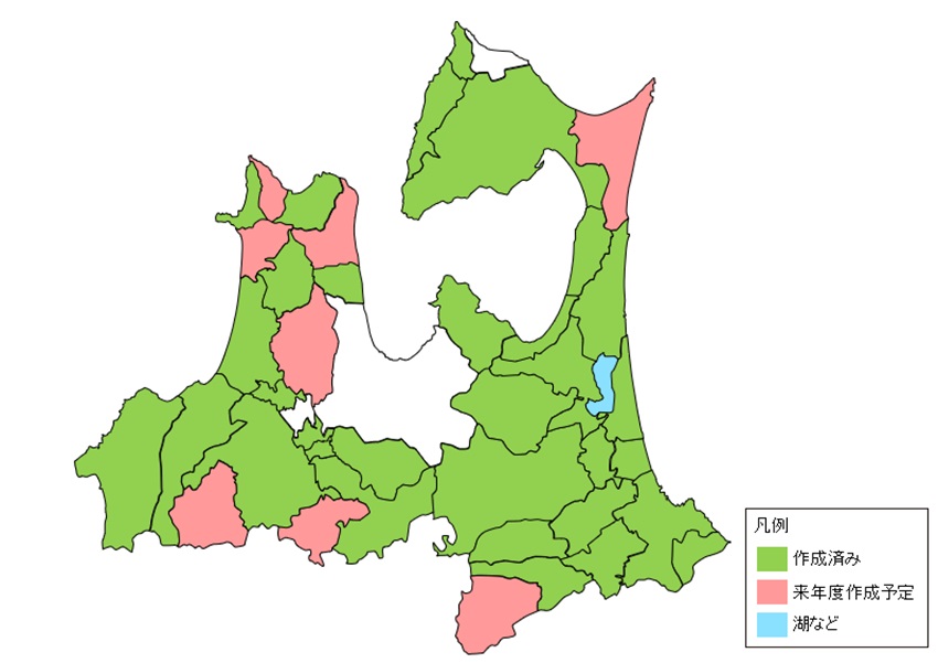 青森県の市町村単位での作成状況を示す地図 作成済み、来年度作成予定、未作成を色別に示している。