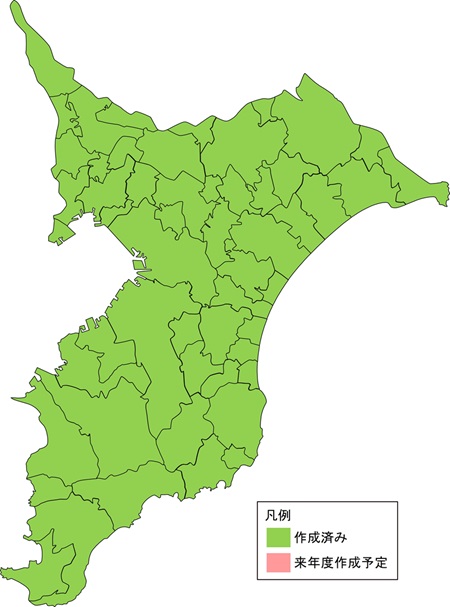 千葉県の市町村単位での作成状況を示す地図 すべての市町村で作成済みとなっている。