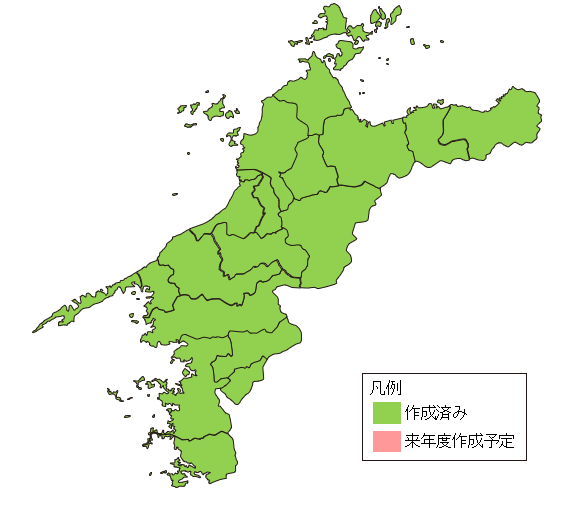 愛媛県の市町村単位での作成状況を示す地図 すべての市町村で作成済みとなっている。