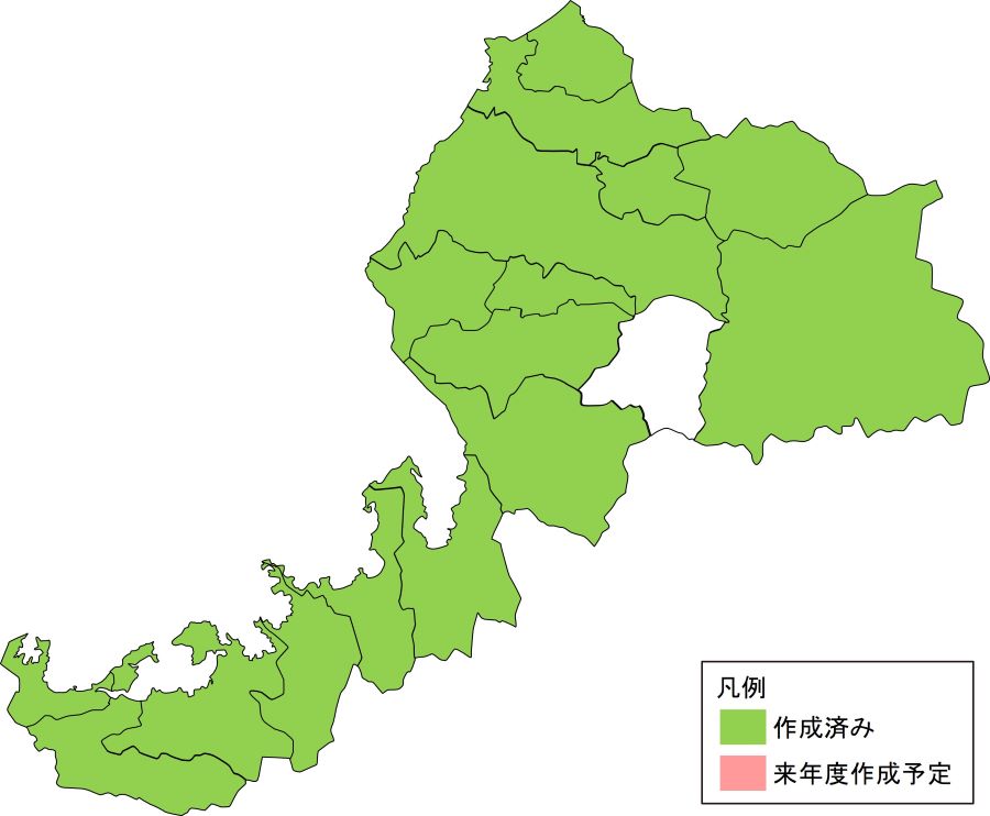 福井県の市町村単位での作成状況を示す地図 作成済み、未作成を色別に示している。