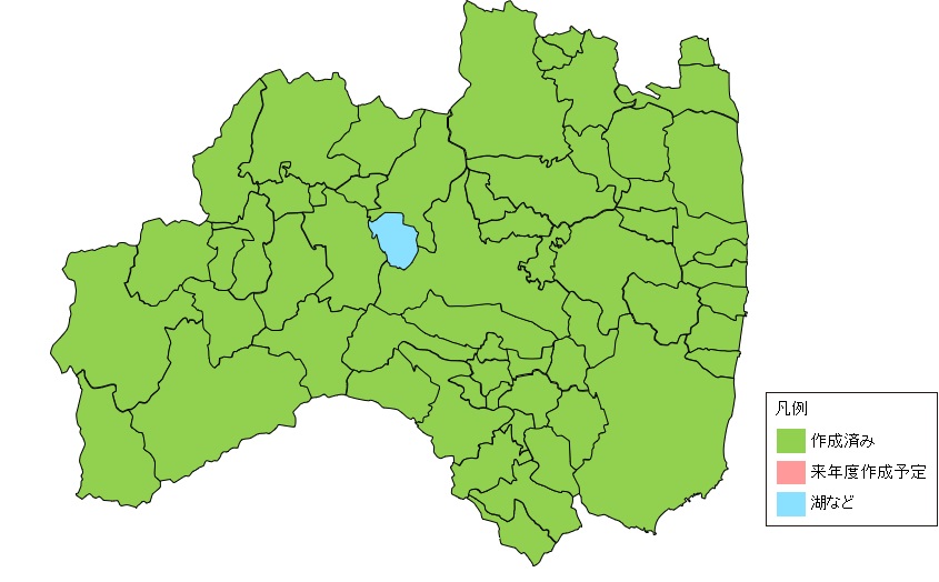 福島県の市町村単位での作成状況を示す地図 すべての市町村で作成済みとなっている。