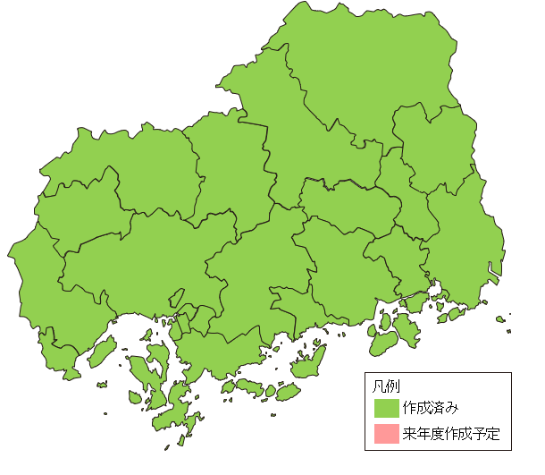広島県の市町村単位での作成状況を示す地図 すべての市町村で作成済みとなっている。