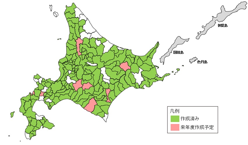 北海道の市町村単位での作成状況を示す地図 作成済み、来年度作成予定、未作成を色別に示している。