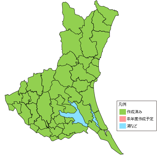 茨城県の市町村単位での作成状況を示す地図 すべての市町村で作成済みとなっている。