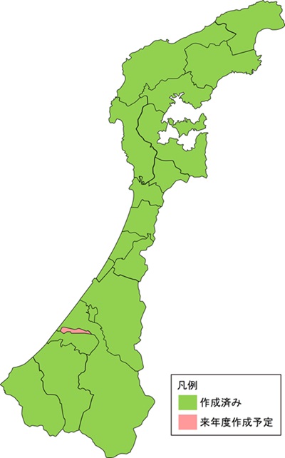 石川県の市町村単位での作成状況を示す地図 作成済み、来年度作成予定を色別に示している。