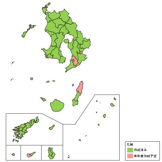 鹿児島県の市町村単位での作成状況を示す地図 作成済み、来年度作成予定を色別に示している。